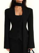 Fashion Solid Color V-Neck Scarf-Trimmed Long Sleeve Blazer