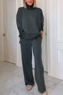 Classic Double Soft Turtleneck Side Zipper Sweatshirt and Elastic Waist Pocketed Loose Pants Set