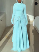 Metal Buckle Design Long Sleeve Maxi Dress