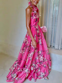 Exquisite Floral Print Ruffled Halterneck Maxi Dress
