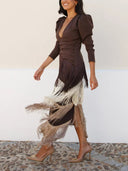 Elegant Contrast Tassel V-Neck Long Sleeve Maxi Dress