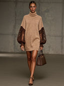 Elegant Lace Sleeve Plush Turtleneck Sweater Dress