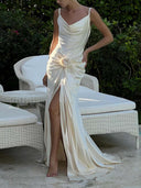 Elegant Floral Embellished Satin Draped Maxi Dress
