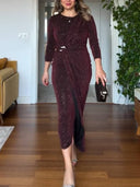 Shiny Pleated Slim-fit Midi Dress