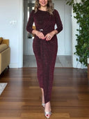 Shiny Pleated Slim-fit Midi Dress