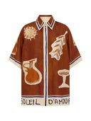 Unique Satin Art Pattern Printed Stand Collar Loose Button Shirt
