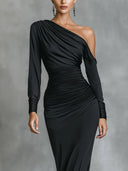 Elegant One-shoulder Pleated Mermaid Maxi Dress