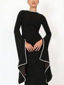 Elegant Pearl-trimmed Flared-sleeve Maxi Dress