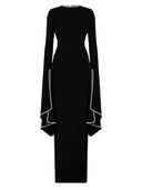 Elegant Pearl-trimmed Flared-sleeve Maxi Dress