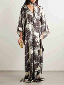 Elegant Satin Feather Print Batwing Sleeve Maxi Dress
