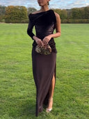 Single-sleeve Velvet-spliced Side Slit Maxi Dress
