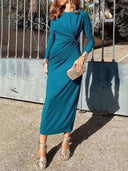 Elegant Crew Neck Pleated Wrap Hem Maxi Dress