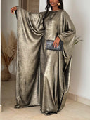 Elegant Metallic Draped Batwing Cape Maxi Dress
