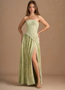 Elegant Strapless Slit Pleated Maxi Dress