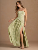 Elegant Strapless Slit Pleated Maxi Dress