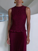 Elegant Sleeveless Pleated Vest Skirt Two-Piece Set