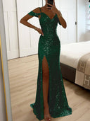 Elegant V-Neck Sequin Side-Slit Sleeveless Gown Maxi Dress