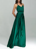 Elegant V-Neck Satin Tie-Waist Floor-Length Slip Dress