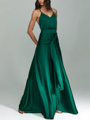 Elegant V-Neck Satin Tie-Waist Floor-Length Slip Dress