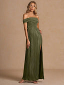 Elegant Off-The-Shoulder Pleated Slit Maxi Dress