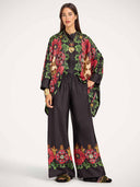 Exquisite Satin Floral Border Wide-Leg Pants