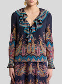 Retro Paisley Print Ruffle Shirt