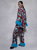 Retro Floral Print Satin Feather Wide-leg Pants