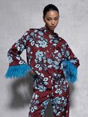 Retro Floral Print Satin Feather Long-sleeved Two-piece Suit