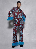 Retro Floral Print Satin Feather Wide-leg Pants