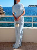 Elegant Asymmetric Ruffled Short Sleeve Maxi Dress
