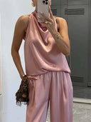 Elegant Halter Neck Swing Collar Top And Wide Leg Pants Suit-Top