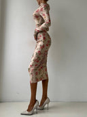 Distinctive Boat Neck Floral-Print Pleated Midi Dress