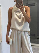 Elegant Halter Neck Swing Collar Top And Wide Leg Pants Suit-Top