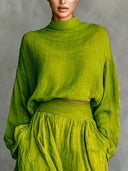 Casual Green Pleated High-Waist Pocket Skirt