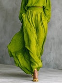 Casual Green Pleated High-Waist Pocket Skirt