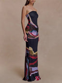 Exquisite Strapless Abstract Print Bodycon Maxi Dress