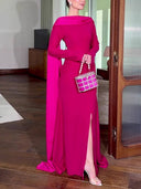Elegant Slit Hip-Wrap Shawl Ribbon Evening Maxi Dress