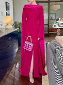 Elegant Slit Hip-Wrap Shawl Ribbon Evening Maxi Dress
