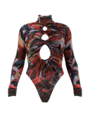 Elegant High-neck Cutout Abstract Print Bodysuit