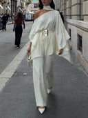 Off-shoulder Belt Shirt And Wide Leg Pants Set