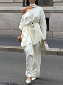 Off-shoulder Belt Shirt And Wide Leg Pants Set
