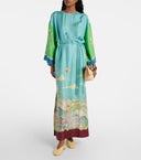 Unique Graphic Print Satin Lace-up Maxi Dress