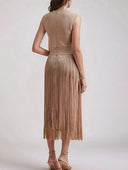 Elegant Sleeveless High Waist Slim Tassel Midi Dress