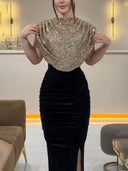 Sequin Panel Sleeveless Party Slit Dress