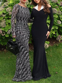 Contrast Color Halter Neck Off-Shoulder Slim-Fit Maxi Dress
