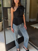 Elegant One-shoulder Pleated Top And High-waisted Pants Set