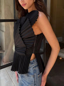 Elegant One-shoulder Pleated Top And High-waisted Pants Set