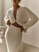Elegant Knitted Cardigan And Skirt Suit