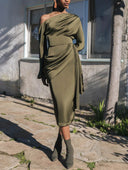 Elegant High-waisted Draped Satin Midi Skirt
