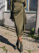 Elegant High-waisted Draped Satin Midi Skirt